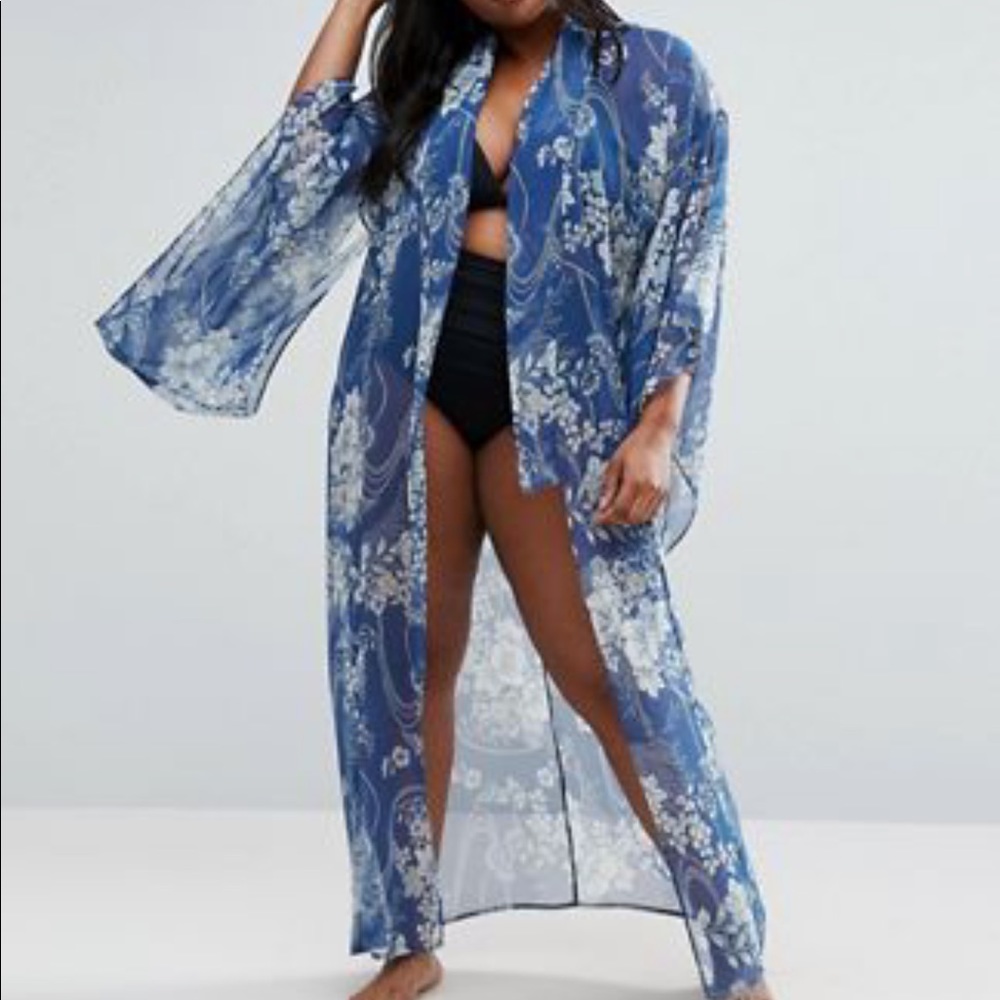 Sheer blue beach kimono in blossom print